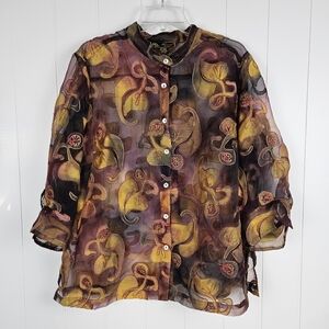 Mirasol Sheer Blouse Button Up Embroidered Purple Linen Blend Artsy 1x Womens